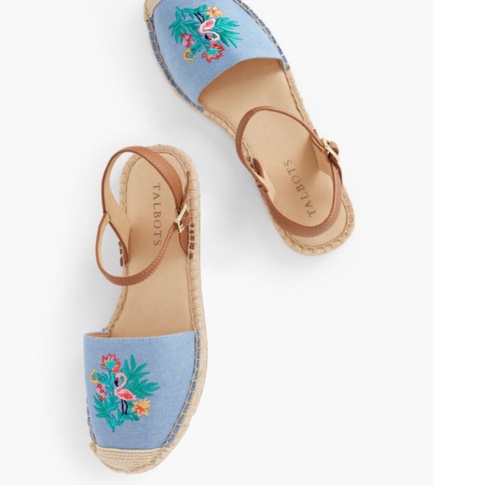 NIB Talbots Denim Espadrilles 7M Embroidered Flamingo Chambray Izzy d'Orsay